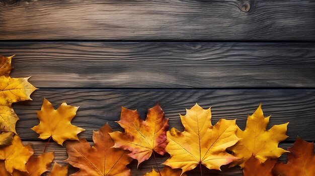 Herbstblätter auf Holzhintergrund mit Kopierraum, erstellt mit generativer KI-Technologie