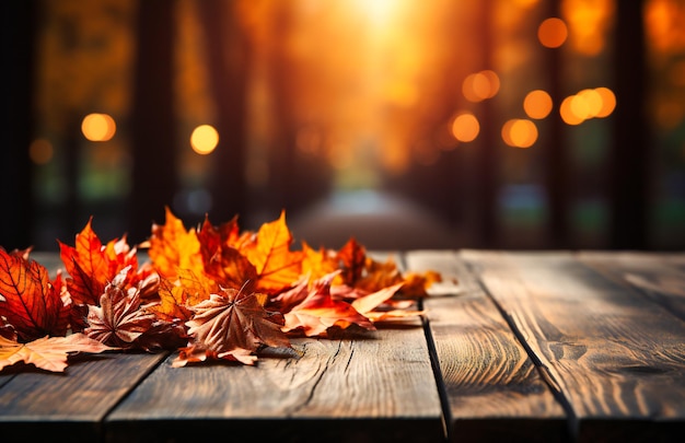 Herbstblätter auf Holztisch mit verschwommenem Hintergrund