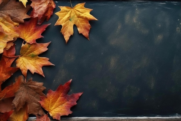 Herbstblätter auf Tafelhintergrund mit Kopierraum oberster Ansicht Generative KI