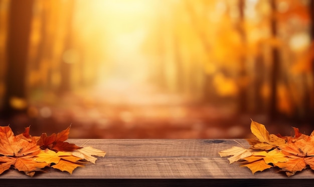 Herbstblätter fallen auf Holztisch