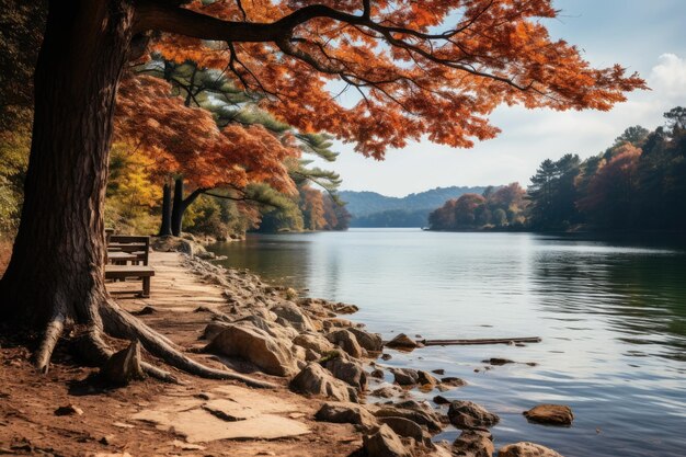 Herbstblätter Herbstlandschaft mit See und Bäumen professionelle Fotografie
