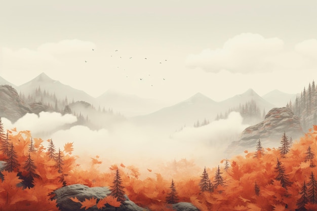 Herbstblätter im Nebel im Stil von Akos Major Weiß und Orange Jon Klassen Unreal Engine