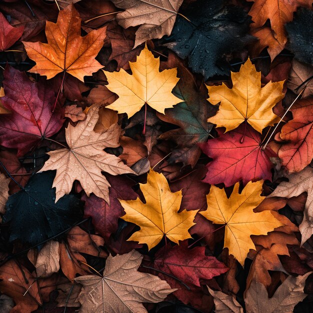 Herbstblätter im Wald, leuchtende rote und orangefarbene Ahornblätter, Nahaufnahme