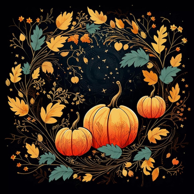 Herbstblätter mit Kürbissen auf dunklem Hintergrund, perfekt für textile Hochzeitsgrußkarten