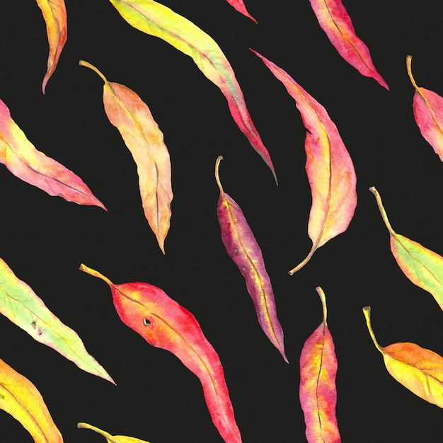 Herbstblätter. Nahtloses Herbstmuster am schwarzen Hintergrund. Aquarell