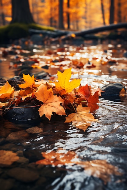 Herbstblätter schwimmen in einem ruhigen Fluss Warme Orange und B Hyperrealistische Illustration Photo Art