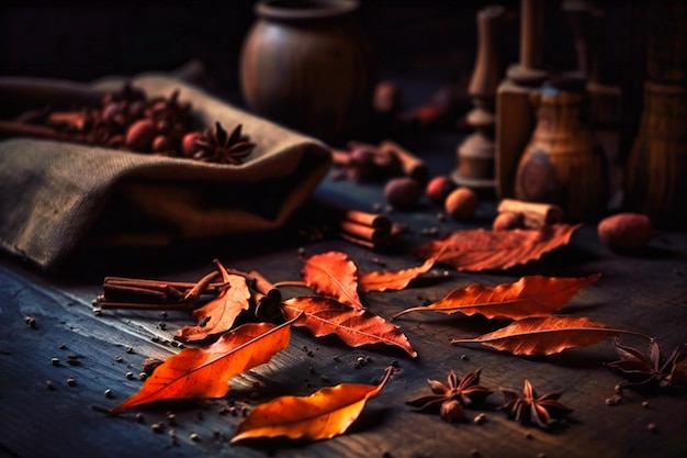 Herbstblätter und Gewürze auf dunklem Hintergrund