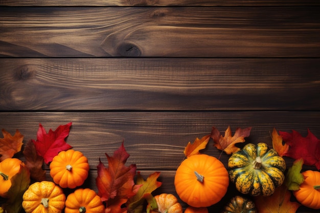 Herbstblätter und Kürbisse auf Holztisch