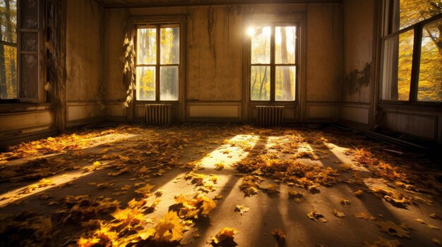 Herbstblätter verstreut in einem verlassenen Raum xA