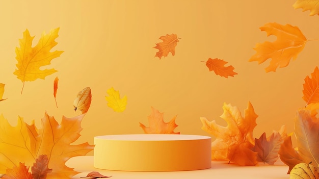 Herbstblätter verstreut um eine gelbe Ausstellungsplattform gegen einen warmen orangefarbenen Hintergrund in einer gemütlichen Umgebung