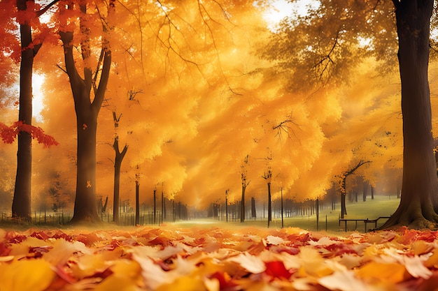 Herbstblatt in einem Park Hintergrund von gelben, roten und orangefarbenen Blättern