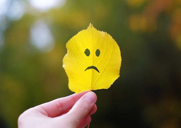 Herbstblatt trauriges Gesicht in der Hand