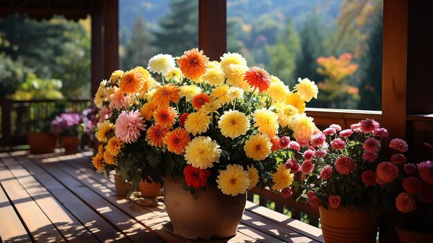 Herbstblumen in Töpfen auf dem Balkon der Hütte, Blick auf die Herbstberge vom Hotel auf einer Reise im Oktober