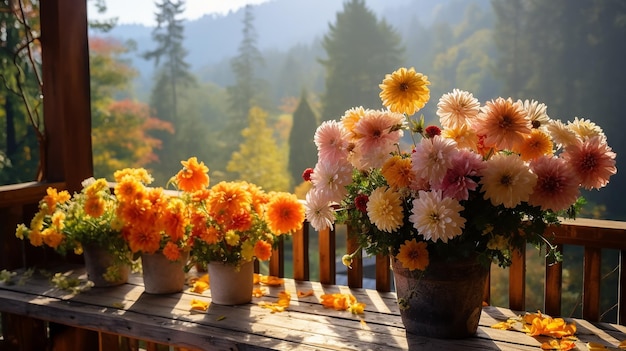 Herbstblumen in Töpfen auf dem Balkon der Hütte, Blick auf die Herbstberge vom Hotel auf einer Reise im Oktober