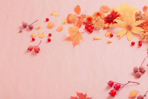 Herbstblumen und Blätter auf Papierhintergrund