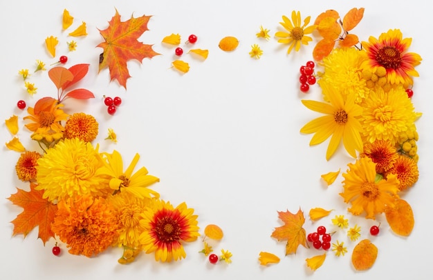 Herbstblumen und Blätter auf weißem Papierhintergrund