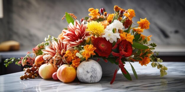 Foto herbstblumen und kürbisse auf einem marmor-küchentisch