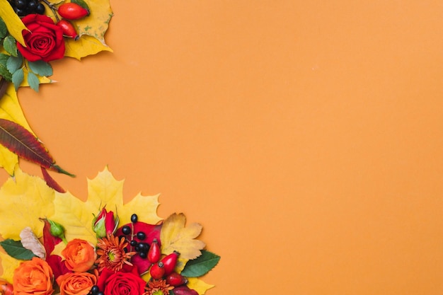 Herbstblumenarrangement Fallen Sie Beeren bunte Blätter und rote Rosen auf orangefarbenem Hintergrund Kopieren Sie Platz