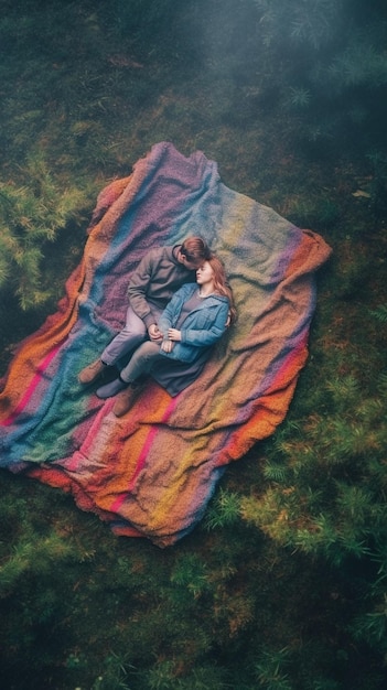 Herbstcamping glückliches Paar umarmt sich und zwei unter einer warmen Decke Generative KI