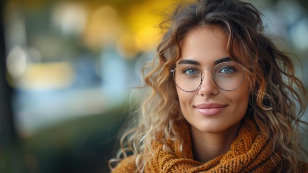 Herbstcharme Frau mit Brille und einem warmen Lächeln