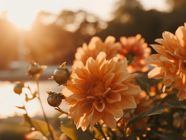 Herbstdahlien, die von der untergehenden Sonne in der Nähe eines friedlichen Flusses beleuchtet werden