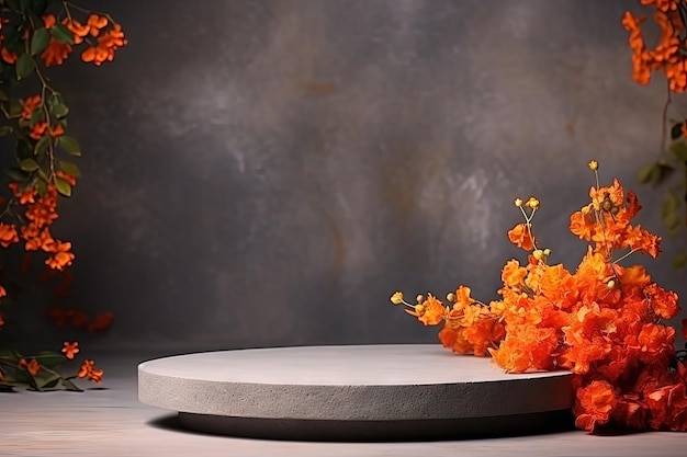 Herbstdisplay zur Produktpräsentation mit orangefarbenen Blüten und Blättern auf einem Steinsockel Spac