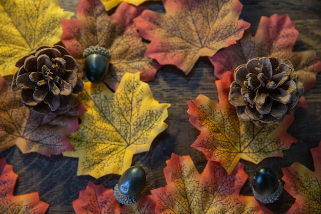 Herbstelemente wie Blätter, Eicheln und Tannenzapfen auf Holz