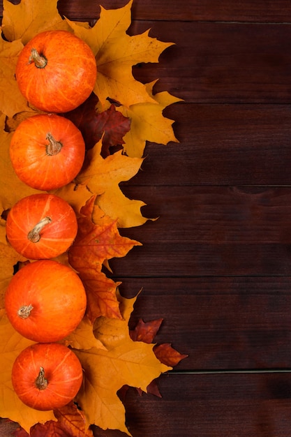 Herbsternte Reife Kürbisse und abgefallene Blätter auf Holzhintergrund Thanksgiving und Halloween