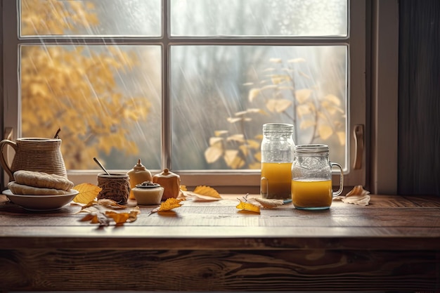 Herbstfenster und freier Platz auf einem Tisch in einem Hausinnenraum