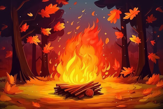 Herbstfeuer im Herbstwald im Cartoon-Stil