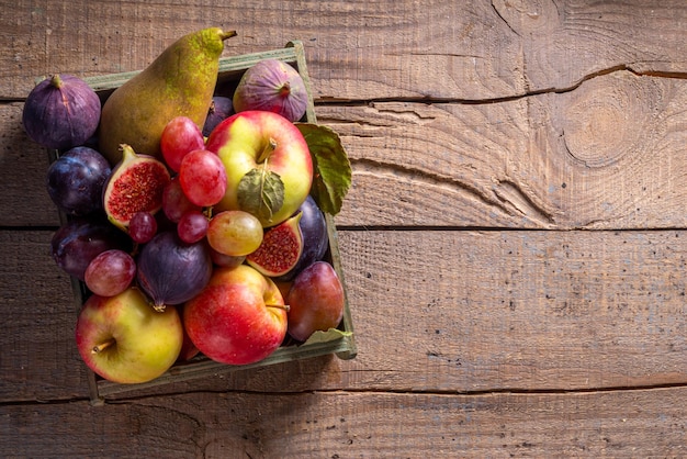 Herbstfruchtsortiment Herbsternte saisonale Früchte und Beeren Pflaumenapfel Feigenbirne Trauben auf einem Holztisch Kopierraum