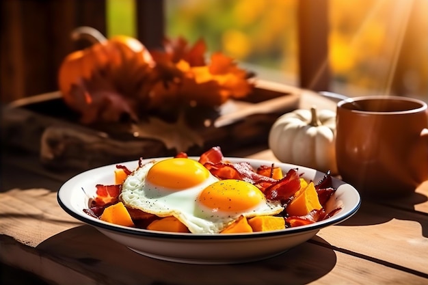 Herbstfrühstück: Gerösteter Kürbis und Speck-Hash mit Sunny Side Egg auf dem Holztisch