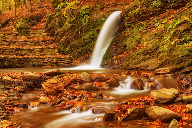 Herbstgebirgswasserfallstrom in den Felsen mit bunten roten gefallenen trockenen Blättern, natürlicher saisonaler Hintergrund