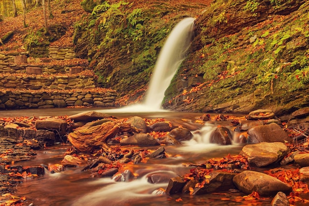 Herbstgebirgswasserfallstrom in den Felsen mit bunten roten gefallenen trockenen Blättern natürlicher saisonaler Hintergrund