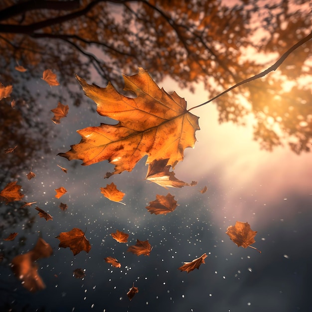 Herbstgelbe Blätter auf einem Baum, die im Wind gegen einen bewölkten regnerischen Himmel winken