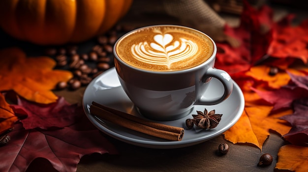 Herbstgenuss Nahaufnahme von Pumpkin Spice Latte mit fallenden Herbstblättern