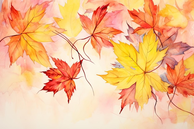 Herbsthintergrund-Aquarellmalerei-Ahornblätter in Rot und Gelb