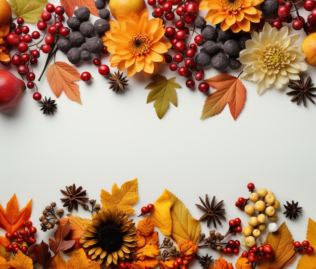 Herbsthintergrund mit Blättern, Beeren, Beeren und Gewürzen auf Weiß