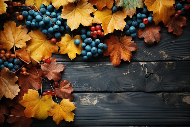 Herbsthintergrund mit Blättern und Beeren auf schwarzem Holzhintergrund