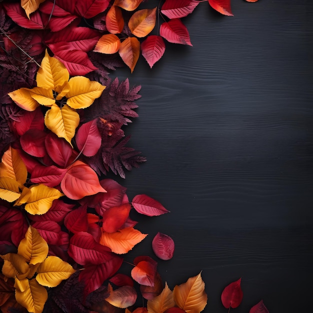 Herbsthintergrund mit farbigen roten Blättern auf dem Hintergrund, Draufsicht, Kopierraum