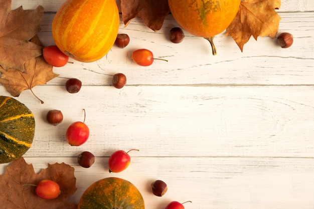 Herbsthintergrund mit kleinen Kürbisen des Herbstlaubrahmens, der Nüsse, des Gelbs und des Gelbgrüns