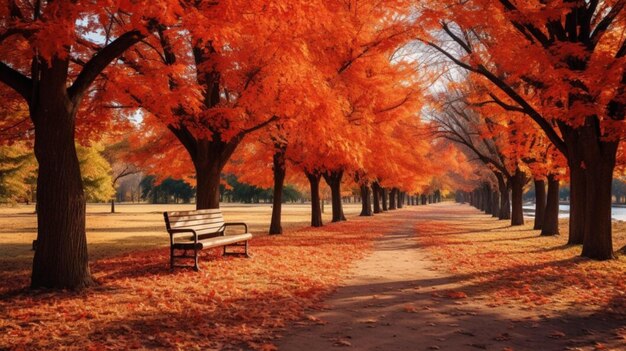 Herbsthintergrund mit orange-goldener Grenze und roten Ahornblättern auf dem Naturpark im Hintergrund