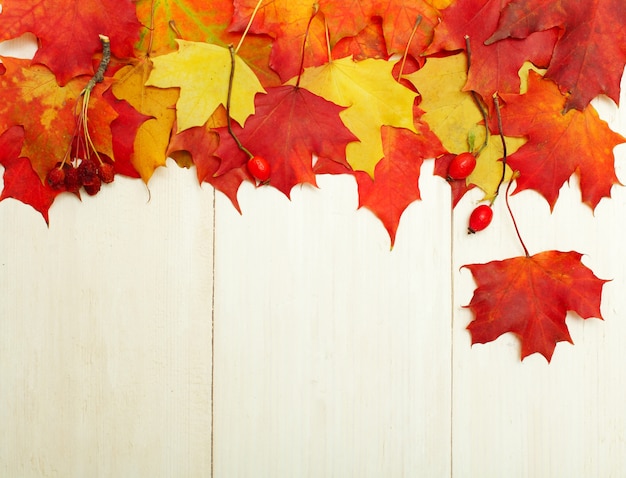 Herbsthintergrund - rustikales Holz mit Herbstblättern