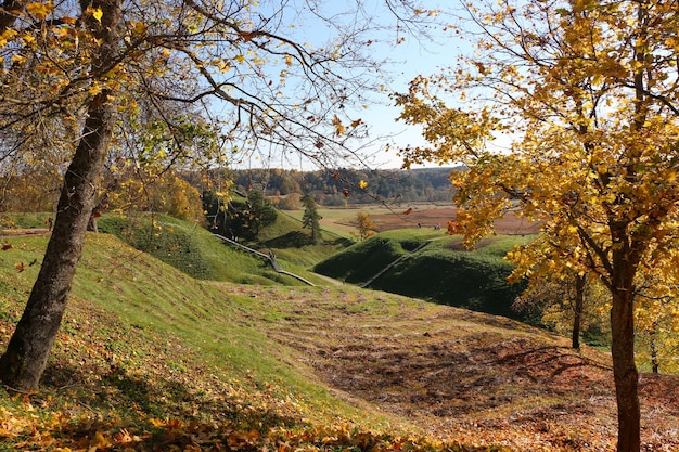 Herbsthügel und Landschaft des blauen Himmels