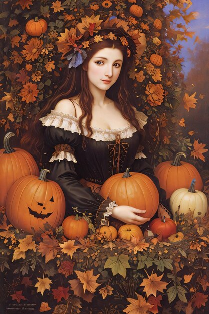 Herbstillustration im Renaissance-Stil des Hexenmädchens mit Kürbissen