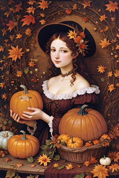 Herbstillustration im Renaissance-Stil des Hexenmädchens mit Kürbissen