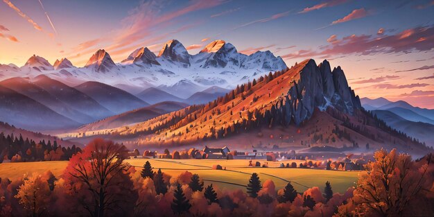 Herbstillustration von Feldern, Bergen und Sonnenaufgangstapete