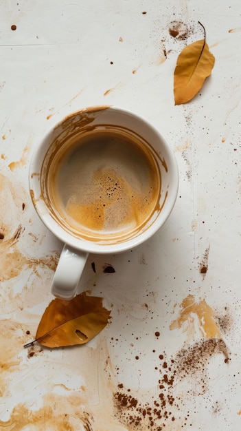 Herbstkaffeepause Verschütteter Kaffee und gefallene Blätter