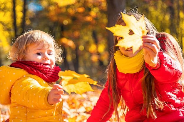 Herbstkind im Park mit gelben Blättern Selektiver Fokus Kind