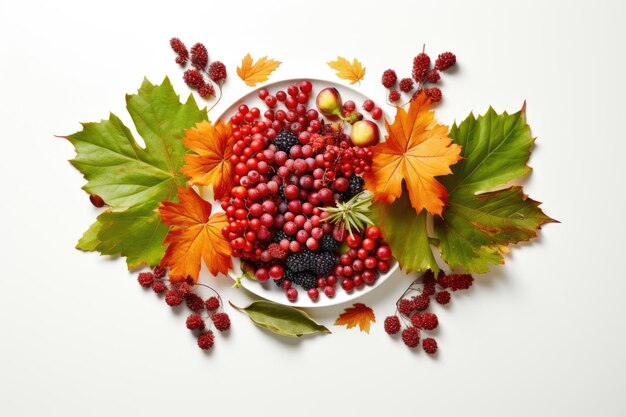 Foto herbstkomposition aus blättern und beeren auf weißem hintergrund